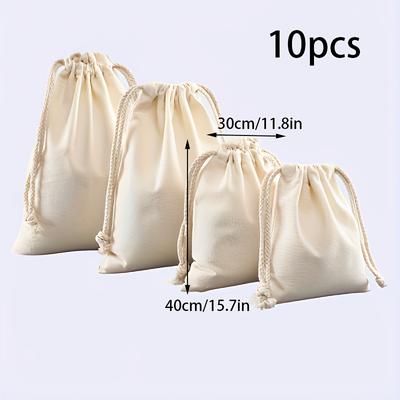 TEMU 10pcs Canvas Drawstring Storage Bags - 4 Sizes, & Sand-resistant, Beige With White Rope Closure For Organizing Small Items, Gifts, Shopping & Home Storage, Bag Storage Organizer Image