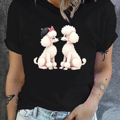 TEMU Women's Casual Crew Neck T-shirt With Adorable Poodle Face Print, Short Sleeve, Regular Fit, Lightweight Polyester Top For , Spring Casual Wear | Poodle Design | Lightweight Fabric Image