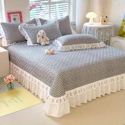 TEMU Three-piece Quilted Bed Cover Ruffle Floral Mezzanine Home Double Simple Solid Bed Skirt Machine Washable (including 2 Pillowcases) Image