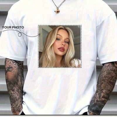 TEMU Customizable Men's T-shirt - Add Your Own Design, Personalized , White Casual Summer Tee, Valentine's Day And Casual Wear, Tee Shirts Image
