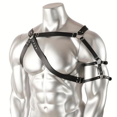 TEMU Men's Fashionable Black Leather Harness Belt With Square Rivet Details - Adjustable Straps, Goth-inspired Chest And Shoulder Armor, Stylish Accessory For Casual Attir Image