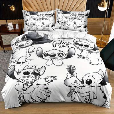 TEMU {} Stitch Bed 3pcs Setplayful Stitch Bedding Setpolyester, Machine Washable, Soft Zipper Closure, Multiple Sizes, Suitable For Home, , Cute Character Design Valentine's Day Home Decor. Image