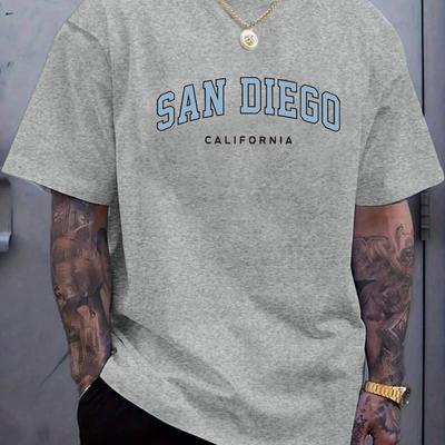 TEMU [] Men's San California Letter - Cool, Comfortable Polyester, Short Sleeve, Round Neck For Summer Wear, Casual Apparel | Relaxed Fit Tee | Polyester Fabric Image