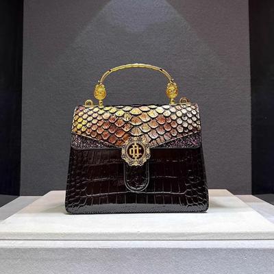 TEMU Luxurious White Crocodile-embossed Handbag With Golden-tone Metal Clasp & Detachable Shoulder Strap - High-end Evening Bag For Parties, Weddings, Formal Events Image