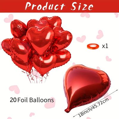 TEMU 20pcs Vibrant Red Heart Balloons - 18-inch Aluminum Film, Valentine's Day, Birthdays & Photo Studio Props - Festive Party Decorations With Elegant Table Setting