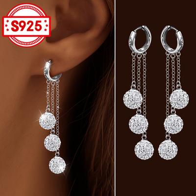 TEMU 1 Pair, Women's Fashion Dangle Earrings With 3 Shamballa Tassel Design + , S925 Silver, Elegant Everyday Gift For Festive Occasions And Parties, Hypoallergenic Image