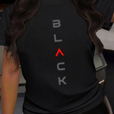 "TEMU "black" Graphic T-shirt With Accent - Casual Round Neck Summer Tee, Regular Fit, Hand Wash/, Non-transparent Fabric, Casual Attire, Modern , Applique Details" Image