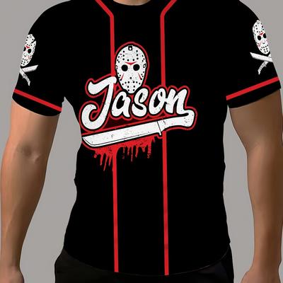 "TEMU Men's 3d Printed "jason" Horror Movie Character T-shirt, Striped Design With White Skull Graphics, Casual Crew Neck Short Sleeve, Gift For Adults" Image