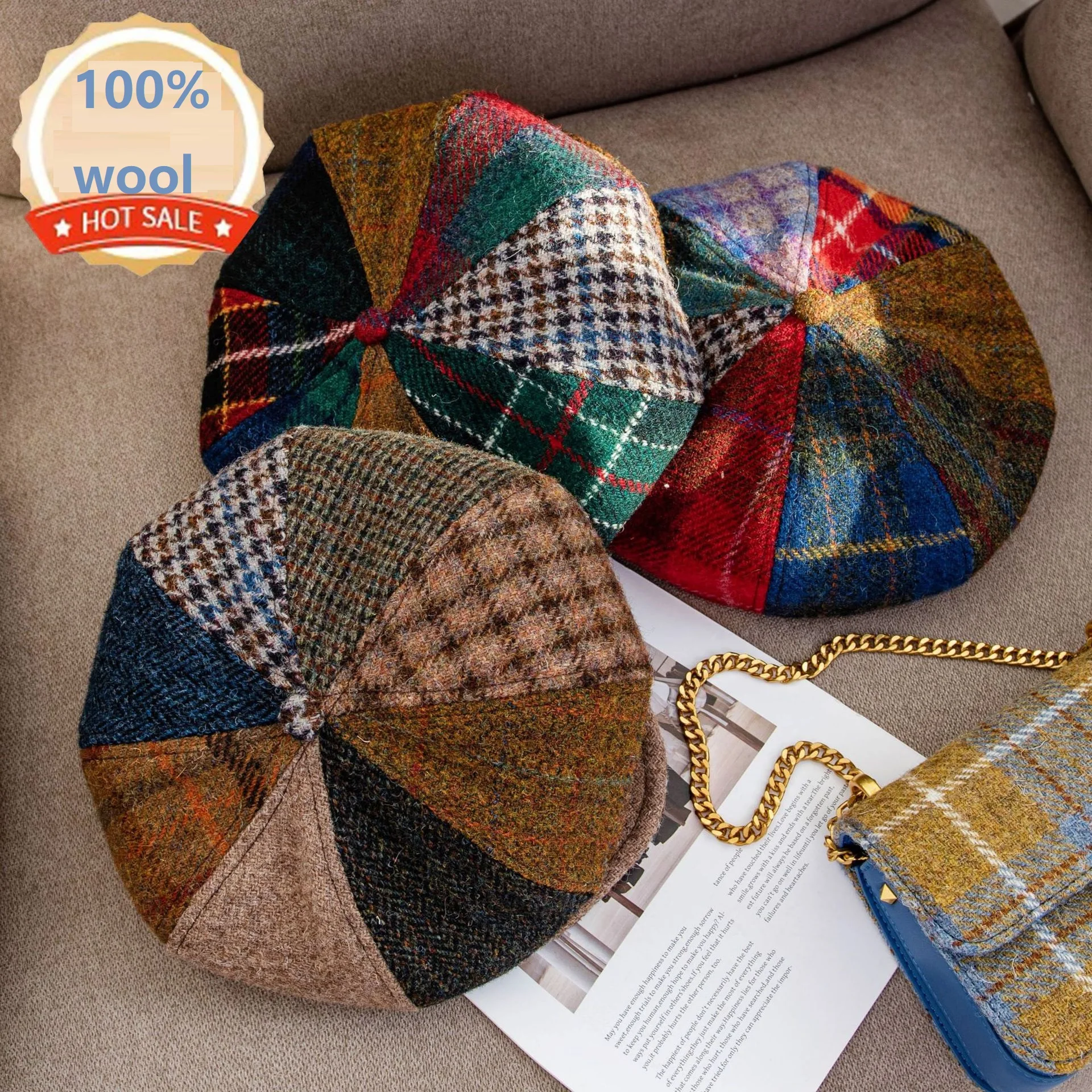 Reine Wolle Männer Frauen Jugend Junge Mädchen Zeitungsjunge Flache Kappe Einstellbar Plaid Gatsby Ivy Golf Cabbie Hut Klassische Vintage Baskenmütze Image