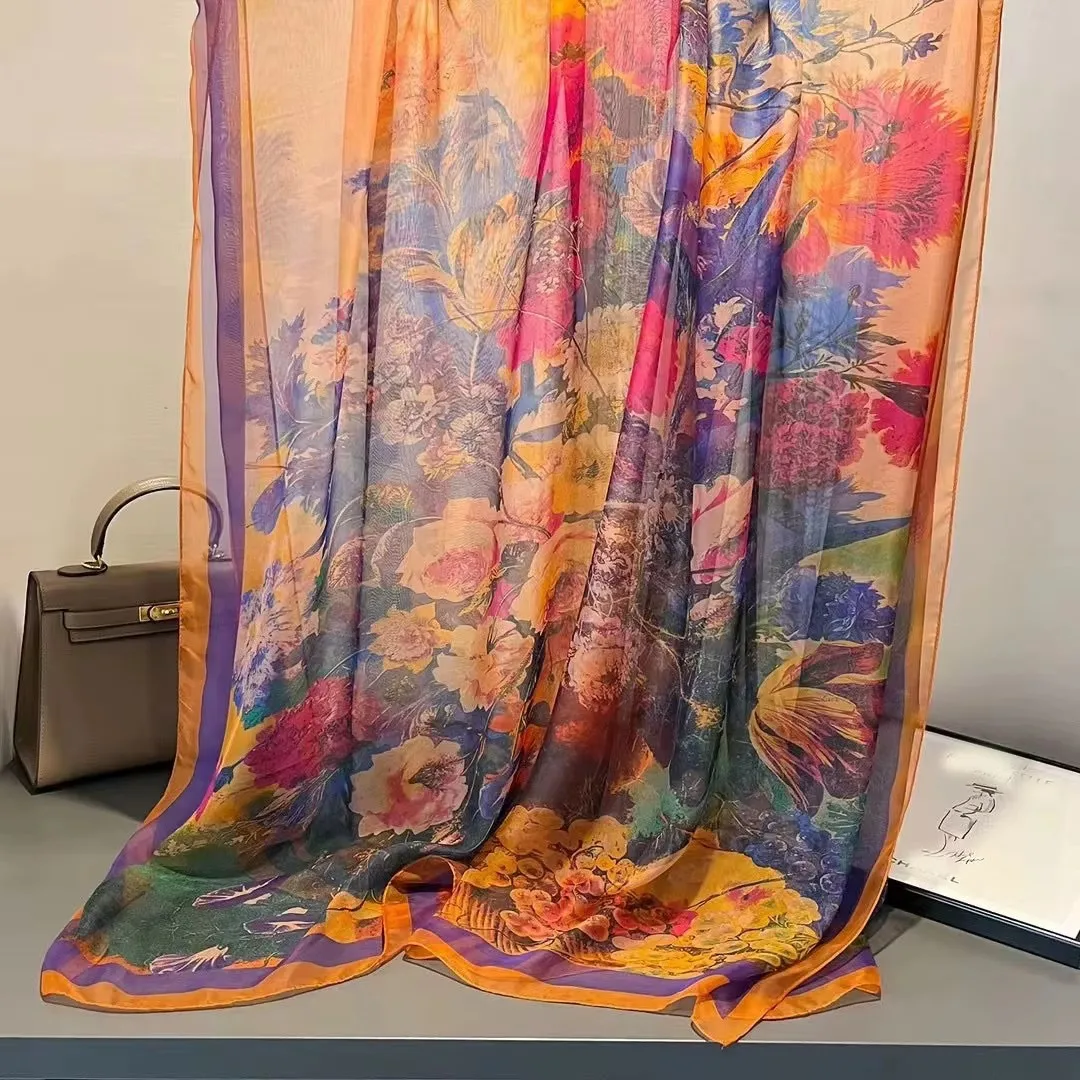Seide Schal Floral Frauen Hijab Bandana Damen Kopf Hals Druck Foulard Weibliche Stirnband Pashmina Schals Echarpe Schal Große Wrap Image