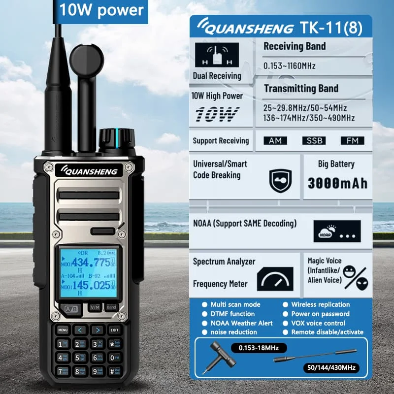 ​ Quansheng TK-11(8) 10 W VHF/UHF Dualband-Radio 999 CH CTCSS/DCS IP55 2500 mAh Typ-C NOAA Wetteralarm CE Image