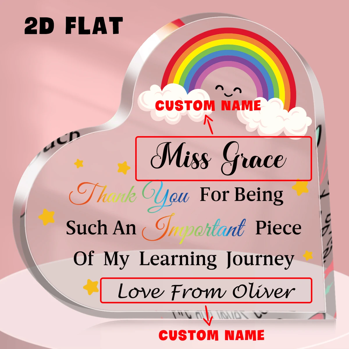 Personalisiertes Namenstext, herzförmiges Lehrer-Werkschild, Geschenk mit eingravierter Nachricht für den Lehrertag vom Absolventen des Studenten Image