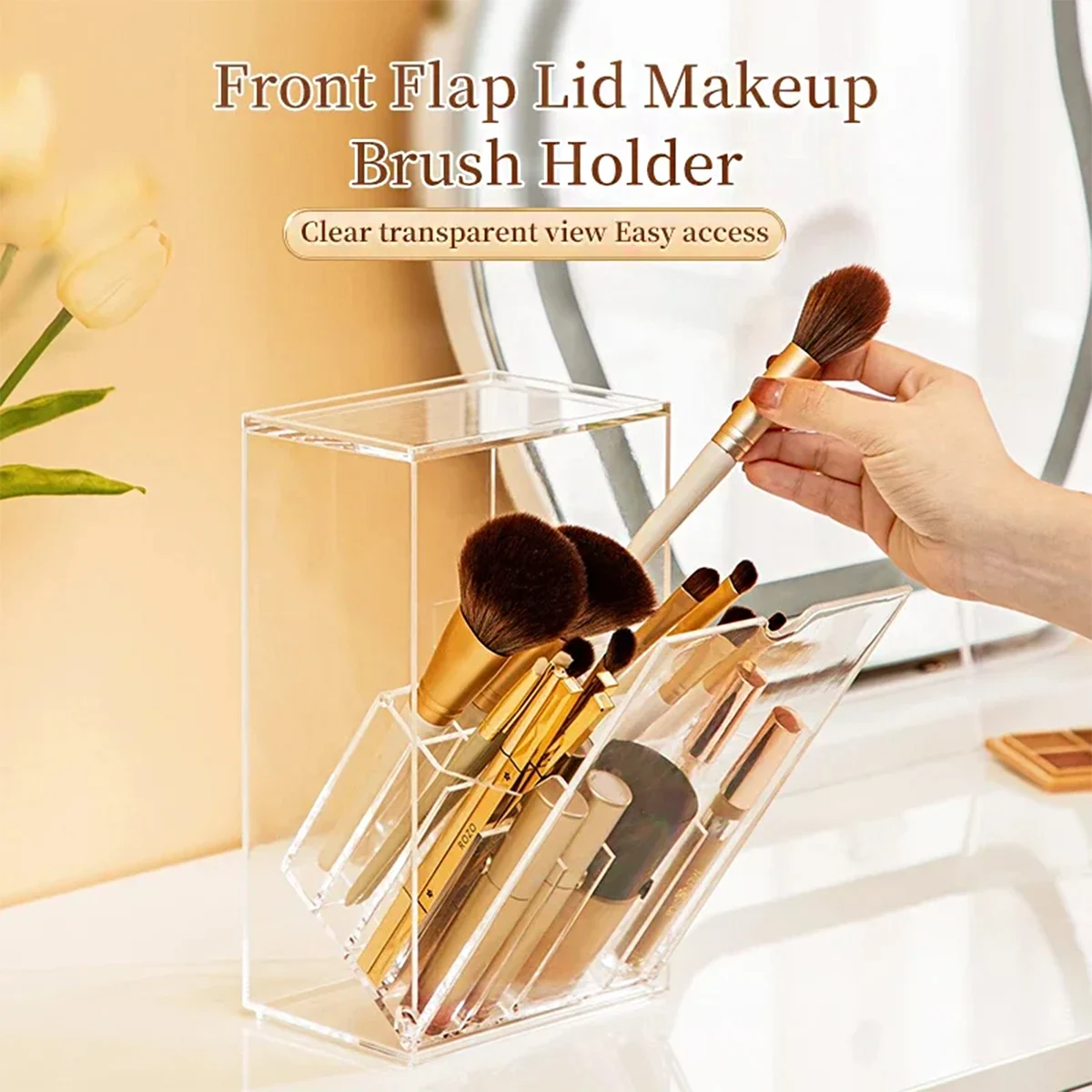 Durchsichtiger Make-up-Pinselhalter mit Deckel, Make-up-Organizer mit 17 Fächern, staubdichte und wasserdichte Kosmetik-Aufbewahrungsbox für den Schreibtisch Image