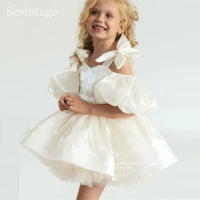 Sevintage süße elfenbeinfarbene Baby-Blumenkleider, Schleife, Puffärmel, Geburtstagsgeschenke, Image