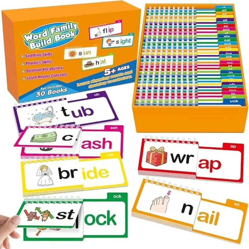 Lese-Flip-Buch, Lese- und Reim-Flip-Bücher, Wort-Familien-Flip-Bücher, Lernkarten, englische Vokabelkarten, pädagogisches Lesen
