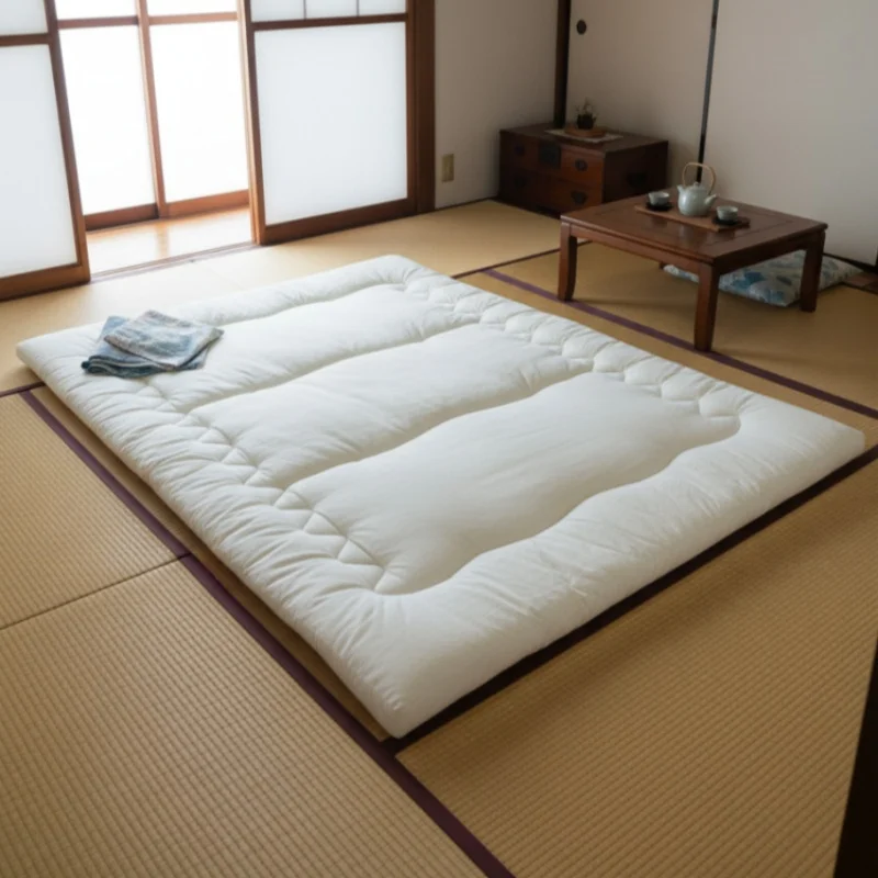 Japanische Bodenmatratze, Futon, faltbar und aufrollbar, Tatami, traditionelle japanische Bettwäsche, verdicktes Klappkissen, gebrochenes Weiß, voll, Kueen Image