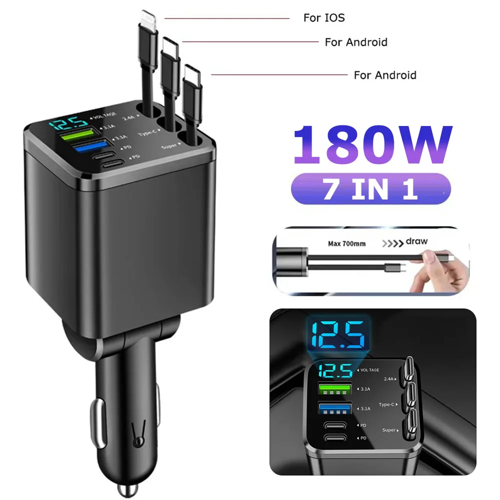 150W Auto Ladegerät PD30W Auto Zigarette Leichter Adapter Spannung Display Mit Versenkbare Kabel Schnelle Ladegerät 22,5W Für IOS Android Image