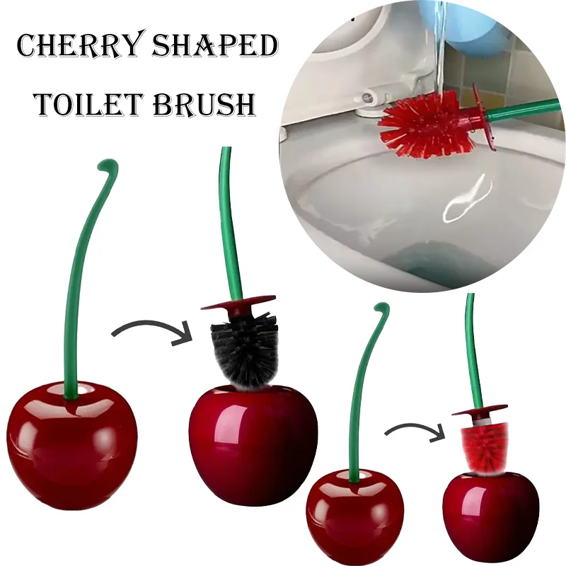 Kirschförmiges Toilettenbürsten-Set mit langem Griff, austauschbare weiche Borsten, antibakterielles Badezimmer-Reinigungswerkzeug, modernes Rot, platzsparend Image