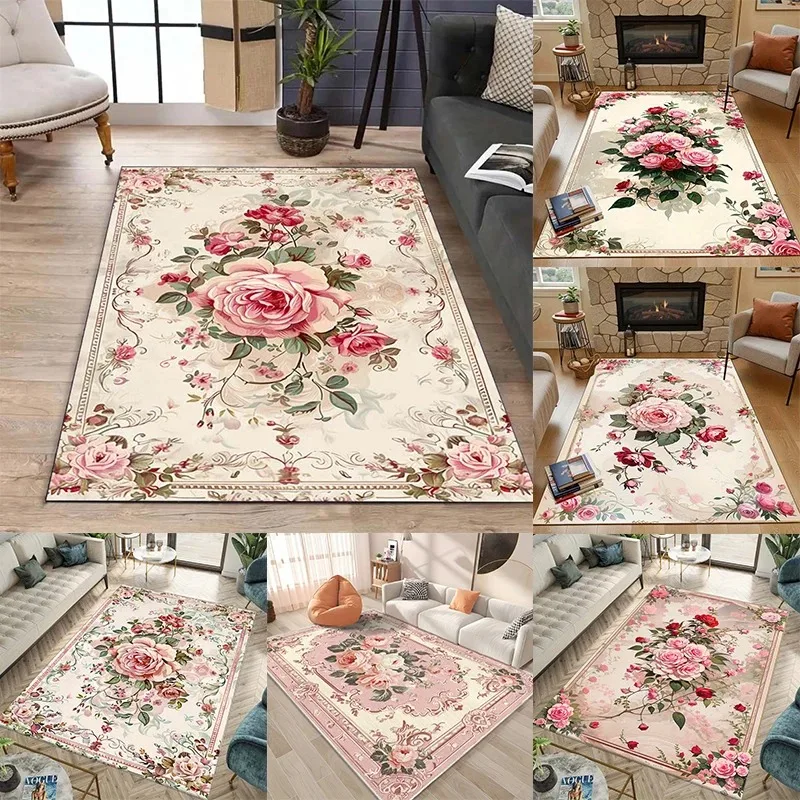 Luxurious Vintage Floral Print Carpet Large Area Non-Slip Machine Washable Floor Mat Living Room Bedroom Office Sofa Rug Decor