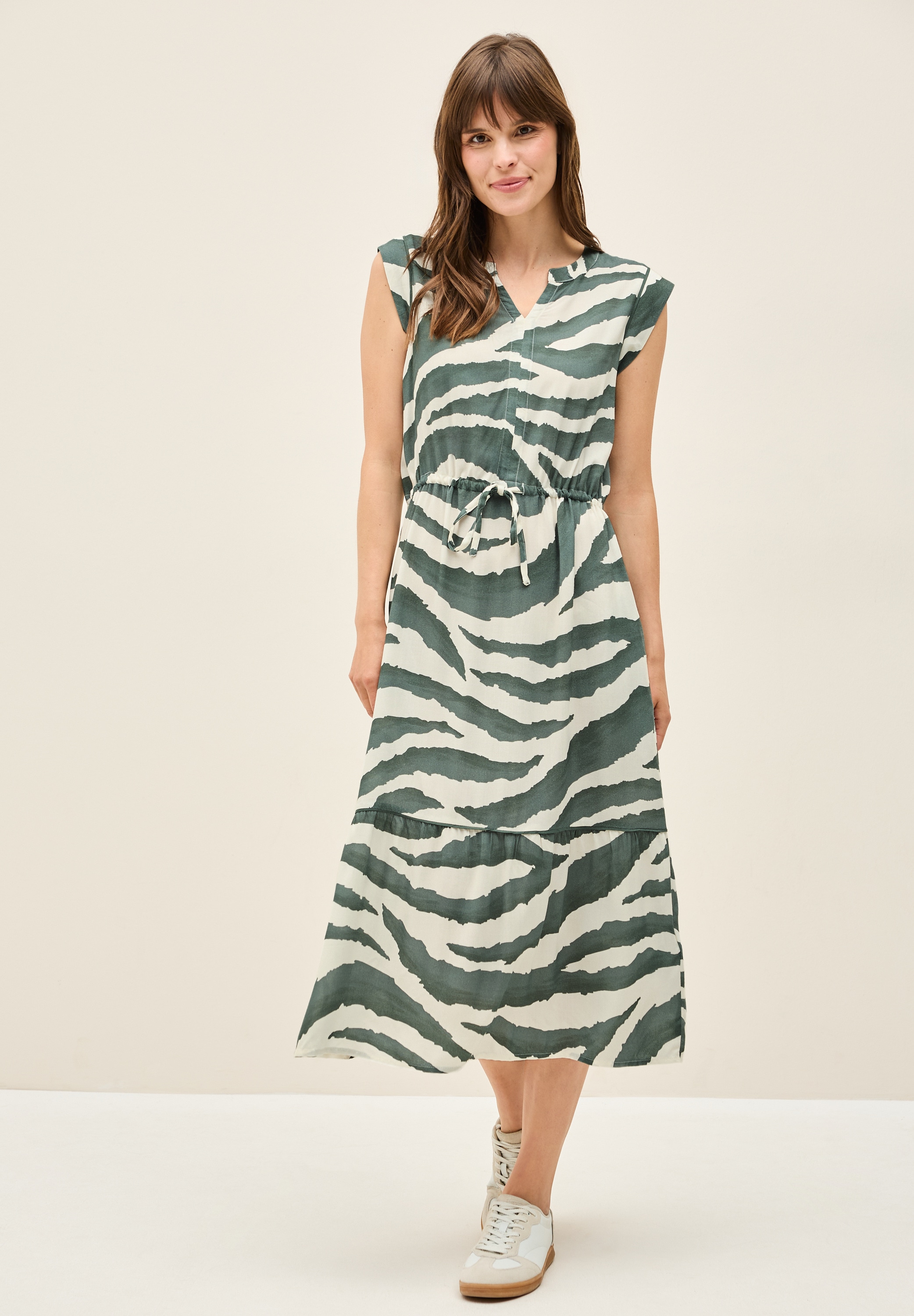 Sommerkleid CECIL, Damen, Gr. XS36, US-Größen, grün (schwarz balmy khaki), Stoff, 100% Viskose, unifarben, normal wadenlang, V-Ausschnitt, abgesteppt, Kleider Sommerkleid, in Unifarbe