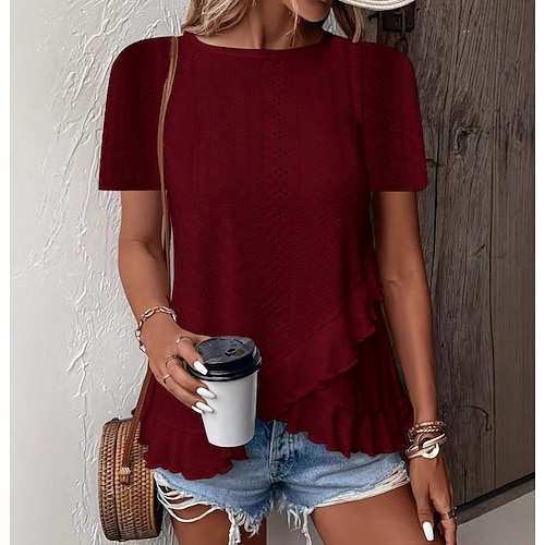 Damen T-Shirt Einfarbig Schlicht Basic Lässig Kurzarm Rundhals Reguläre Tops Täglich Wochenende Rüsche Ösen Weiß Gelb Rosa Grün Sommer Image