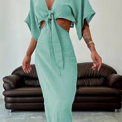 TEMU Solid Color Waist Cutout Front Tie Dress Nian Nian Image