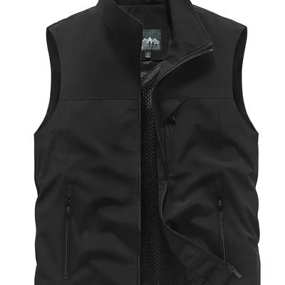 TEMU Men's Casual Sleeveless Vest - Black, Breathable Mesh Lining, Zippered Pockets, Stand Collar, Lightweight Outdoor Vest For Hiking & Fishing, Hiking Accessories Image
