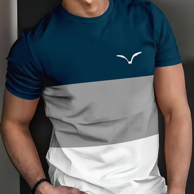 TEMU Men's Colorful Gradient Seagull Graphic T-shirt - Casual Polyester Crew Neck, Short Sleeve With 3d , Summer Streetwear Or Casual Attire Image