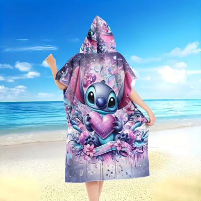 TEMU 1pc Stitch Cartoon Super Soft Beach Towel With Hood Wearable Bathrobe Extra Large Cute Bath Towel Anime Pool Towel Birthday Gifts Microfiber Beach Towels Quick Dry Beach Towel Multi Size Image