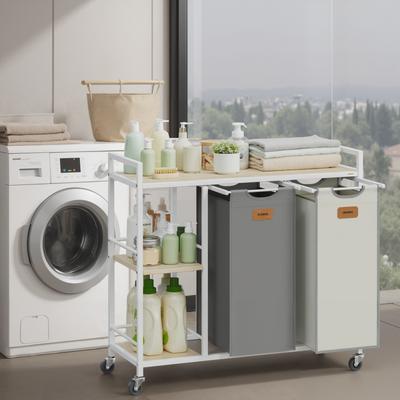 TEMU Laundry Basket 2 Compartments, Laundry Collector L, Laundry Sorter, Casters, Laundry Cart With Shelves, Laundry Bag, With Removable Pockets, 6 Labels Image