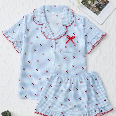 TEMU Blue Print Short Sleeve And Shorts, Bow Pajama Set With Tassel Trim For Women, Summer Party Loungewear Image