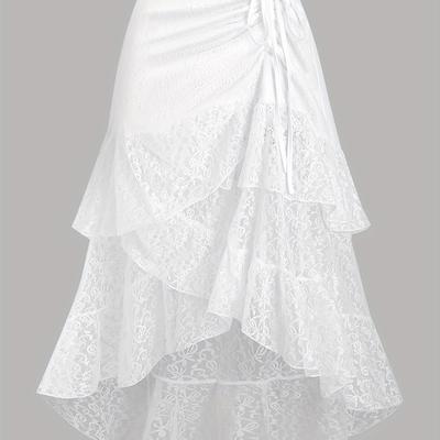 TEMU Women's Elegant Solid Color Lace Ruffle Hem Skirt - Spring, Summer & Fall, Festive Outfit|y2k Fashion|delicate Lace Detailing Image