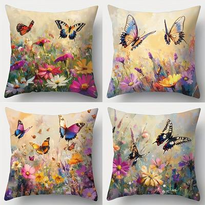 TEMU 4pcs And Floral Print Throw Pillow Covers, Polyester Cushion Covers With Zipper For Home Decor - Ideal For Bedroom, Living Room, Sofa - Hand Wash Only (pillow Core Not Included) Image
