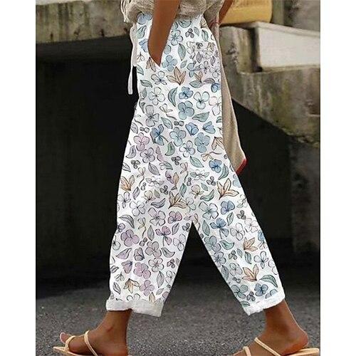 Damen Hose aus Baumwollleinen Abgeschnittene Hose Streetwear Boho Knöchellang Mittlere Taille Blumen Elastischer Bund Bequem Alltagskleidung Ausgehen Rosa Blau Purpur Grün Sommer Frühling Normale