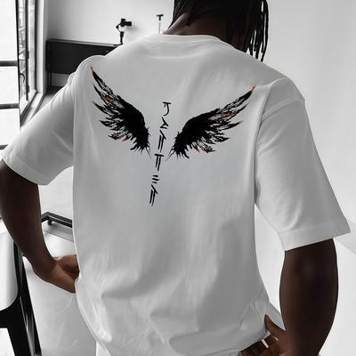 TEMU Men's Short Sleeve T-shirt With Wing Graphic Print - Lightweight Polyester, Relaxed Fit Casual Round Neck Tee For Summer Outdoor Wear, Polyester Fabric Image