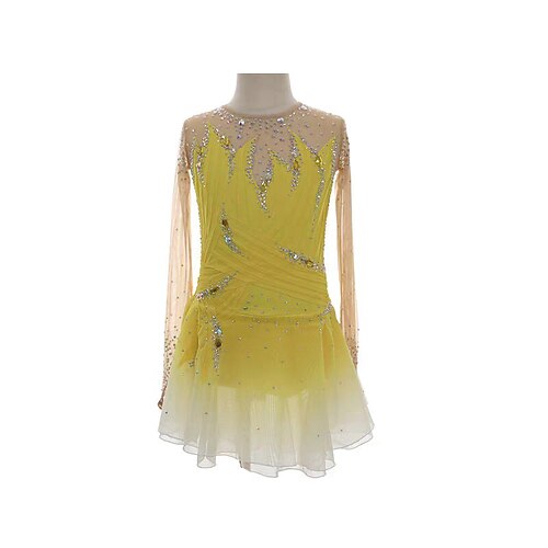 Eiskunstlaufkleid Damen Mädchen Eislaufen Kleid Gelb Patchwork Daumenloch Netzstoff Spandex Dehnbar Training Übung Professionell Eiskunstlaufkleidung Thermowarm Kristall / Strass Langarm Eislaufen Image