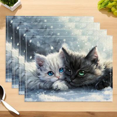 TEMU Set Of 4 Snowy Polyester Placemats - , Heat-resistant Table Mats For Dining Decor, Home, Kitchen, Party Supplies, Holiday And Room Decorations Image