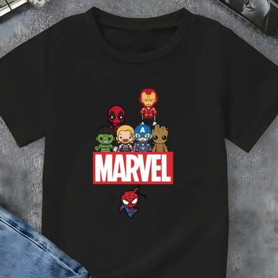 TEMU Superhero Graphic T-shirt - Black Cotton, Short Sleeve, Casual Crew Neck, Featuring , Daily Leisure & Outdoor Activities, Casual Wear | Print Shirt | , Image