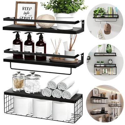 TEMU 1pc Black Wooden Floating Racks - Wall Hanging Racks Suitable For Bathrooms, Bedrooms, Kitchens, And Living Rooms - Multifunctional Space Saving Storage Racks, Standing Shelf, Floating Shelves Image
