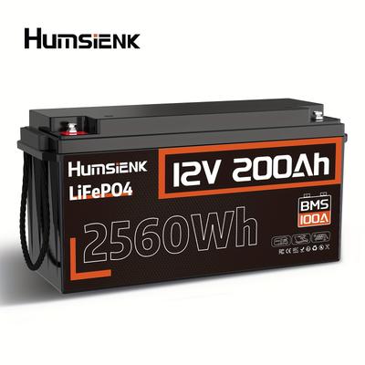 TEMU 12v 200ah Lifepo4 Lithium Battery, Built-in 100a Bms, + Cells, Rechargeable 6000 To 15000 Deep Cycles Lithium Batteries 12v, Rvs, Marine , Off-grid , Camping Trips, And Emergency Backup System Image