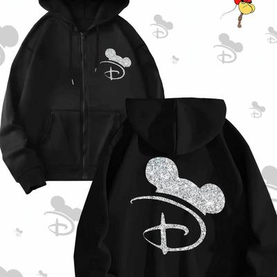 TEMU Licensed Mouse Sparkling Hoodie - Women's Casual Fall & Winter Wear, Black With Glittery Print, Drawstring Hooded Sweatshirt Image