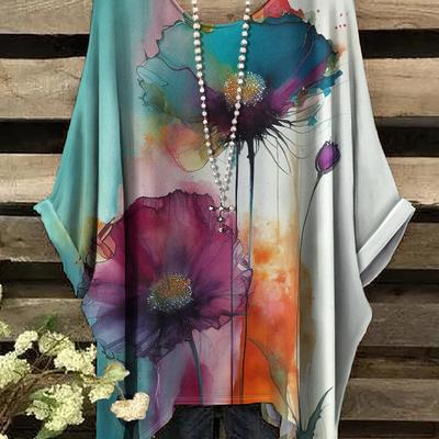 TEMU Summer Plus Size Floral Print T-shirt With Crew Neck, Casual Comfortable Round Neck Short Sleeve Oversized Tee For Women, No Accessories Image
