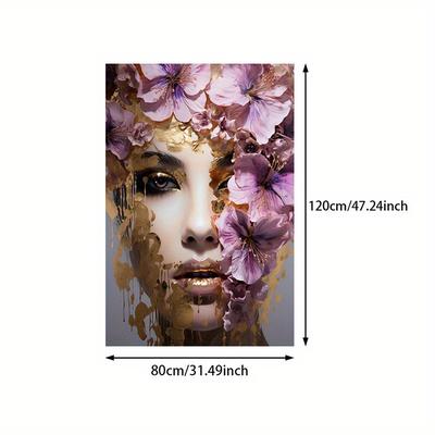 TEMU Large 31.4x47.24in Canvas Art Print - Elegant Pink Floral Woman , Abstract Golden Accents Wall Decor For Living Room, Bedroom, Hallway Image
