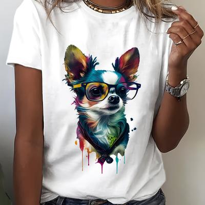 TEMU Women's Casual Crew Neck T-shirt With Vibrant Chihuahua Graphic - Short Sleeve, Regular Fit, Spring/summer/fall, Casual Wear | | , Dog Tshirt Image