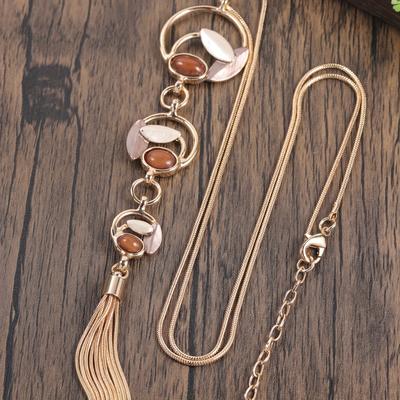 TEMU Elegant Y-shaped Leaf-inlay Tassel Necklace, Vintage Bohemian Style, Resin & Alloy Enamel Craft, Women's Fashion Jewelry, Versatile Accessory For & Gift Image