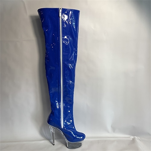 Overknee-Stiefel aus schwarzem Lacklederimitat für Damen – Plateau-Stiletto-Overknee-Stiefel für Clubwear, zum Ausgehen und für Auftritte Image