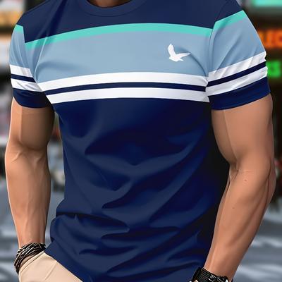TEMU Men's Casual Striped T-shirt - Navy Blue With White & Light Blue , Regular Fit Round Neck, Machine Washable For Casual Attire, Casual T Shirts Image