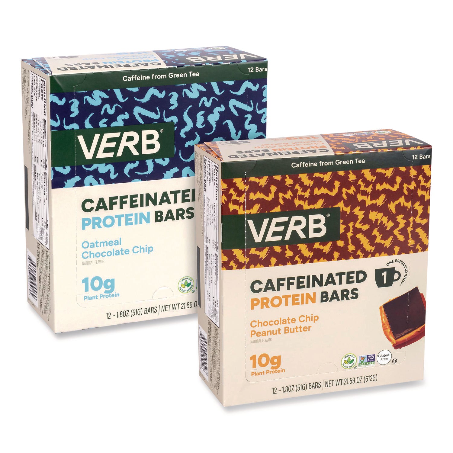 VERB Energy Caffeinated Protein Bar, Chocolate Chip Peanut Butter and Oatmeal Chocolate Chip, 1.8 oz Bar, 24/Box (GRR60004177)