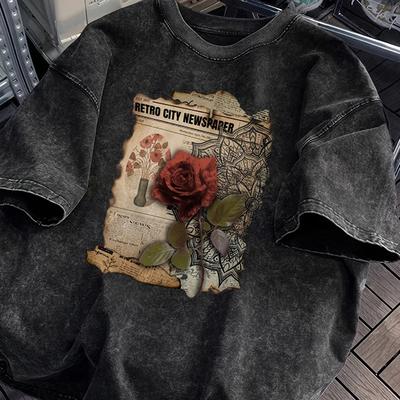 TEMU Men's Vintage Washed Black Short Sleeve T-shirt - Relaxed Fit Floral Print With Red Rose & , Breathable Summer Casual Tee, Machine Washable, Everyday | Retro Graphic Shirt | Durable Fabric Image