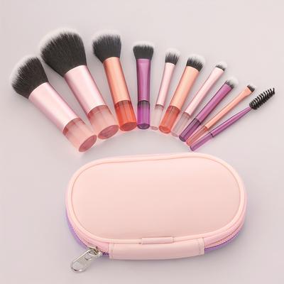 TEMU A Set Of 10 Small And Portable Fairy Crystal Transparent Handle Makeup Brushes, With A Storage Bag, Full Set Of Makeup Brush Tools, Suitable For Travel Or Carry-on Image